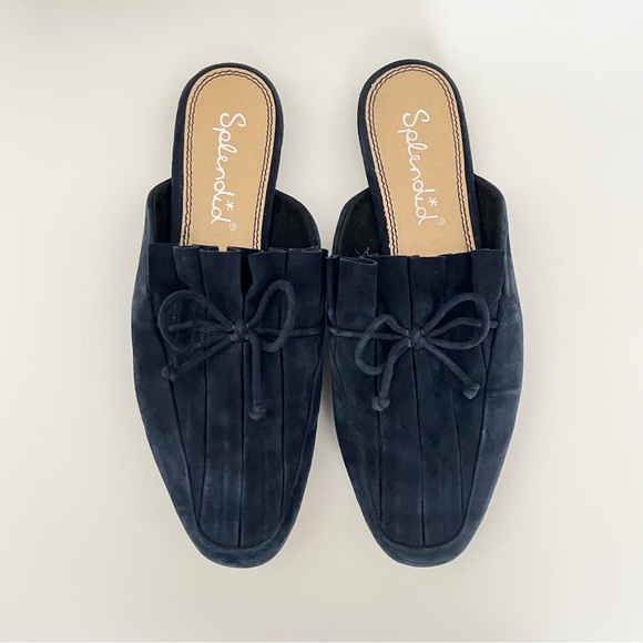 Splendid Women's Suede Mules Flats 7.5 Navy Blue Pleated Bow Smoking Slippers - Picture 3 of 5